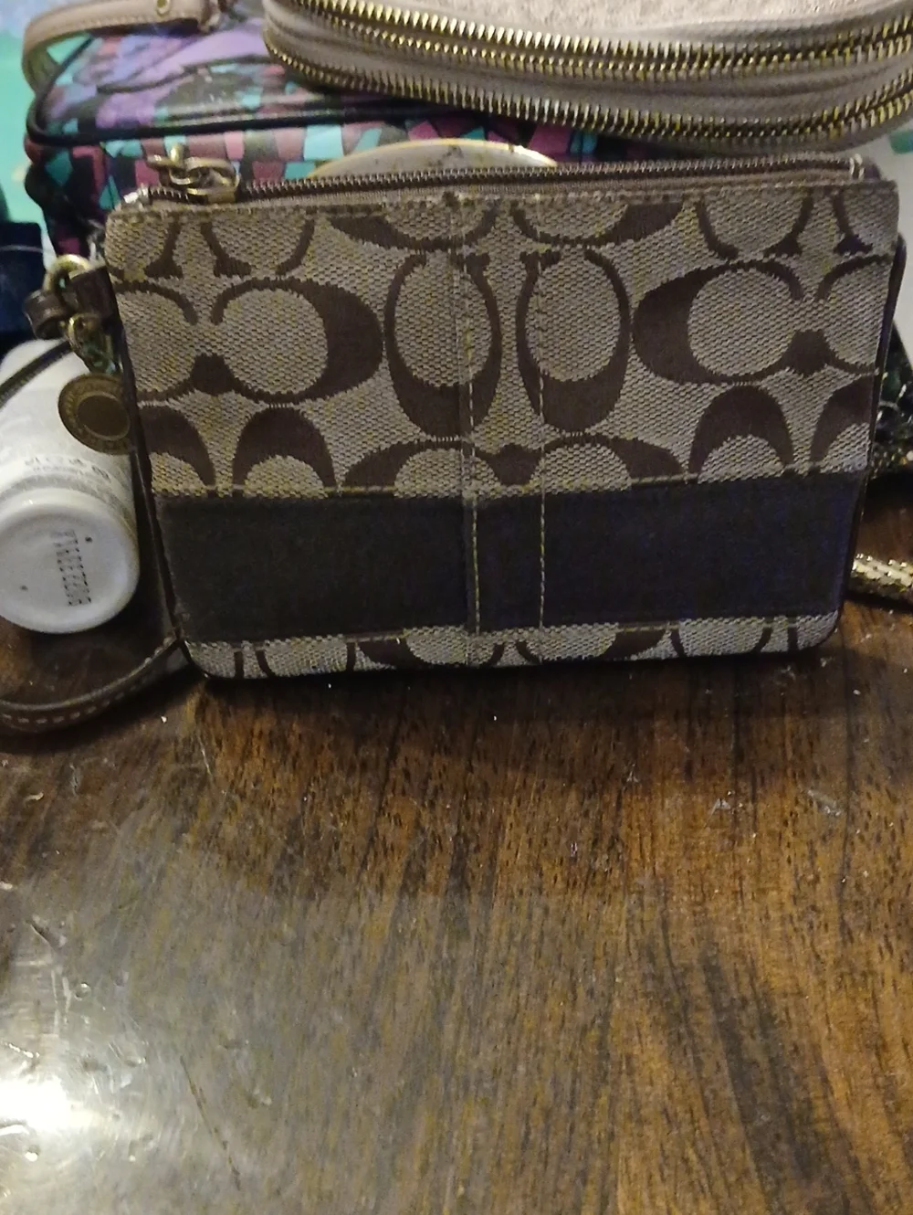 Coach Brown Logo Canvas Wristlet with Dark Brown Accent